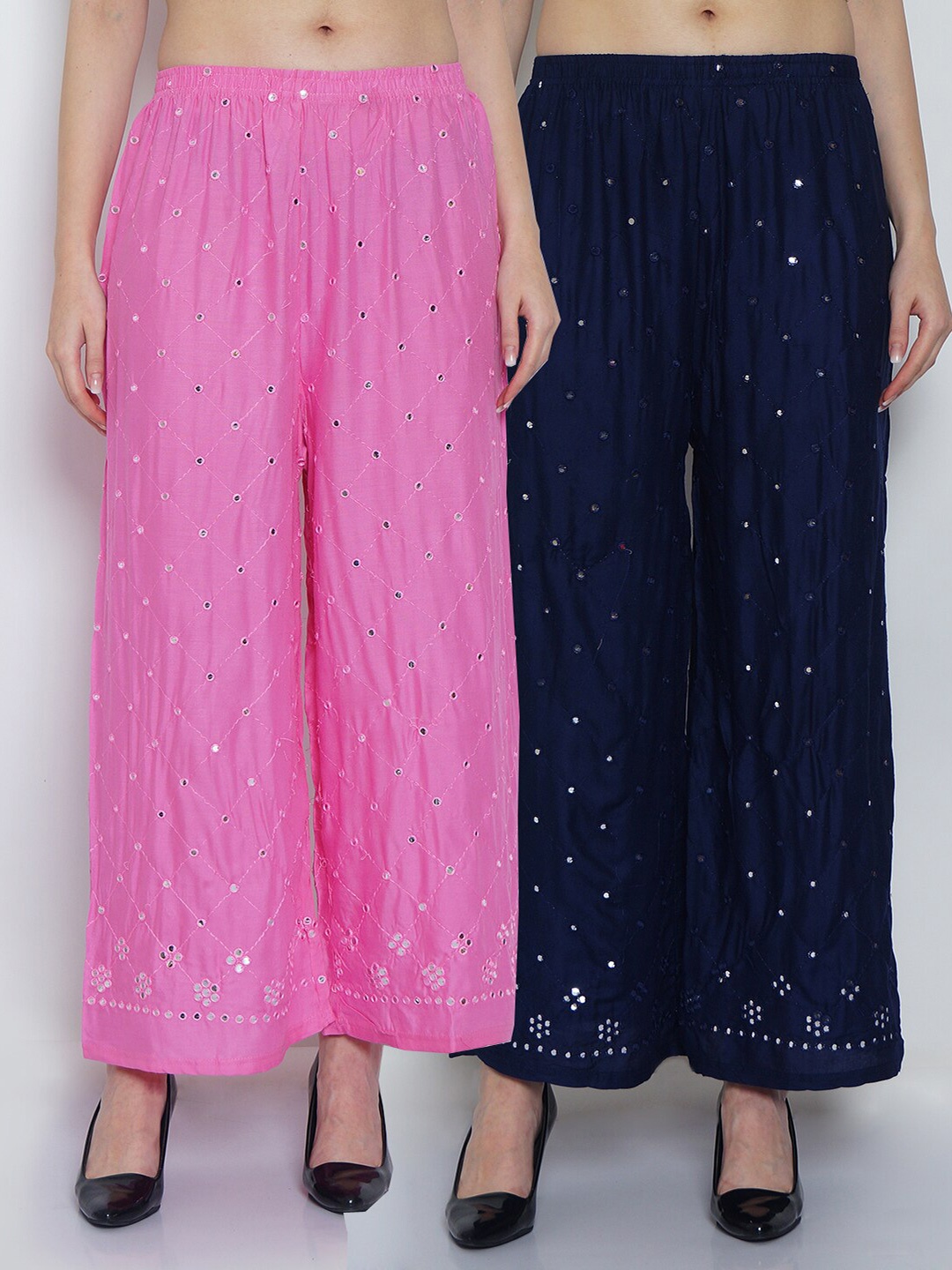 

GRACIT Women Pink & Navy Blue Set Of 2 Embroidered Flared Palazzos