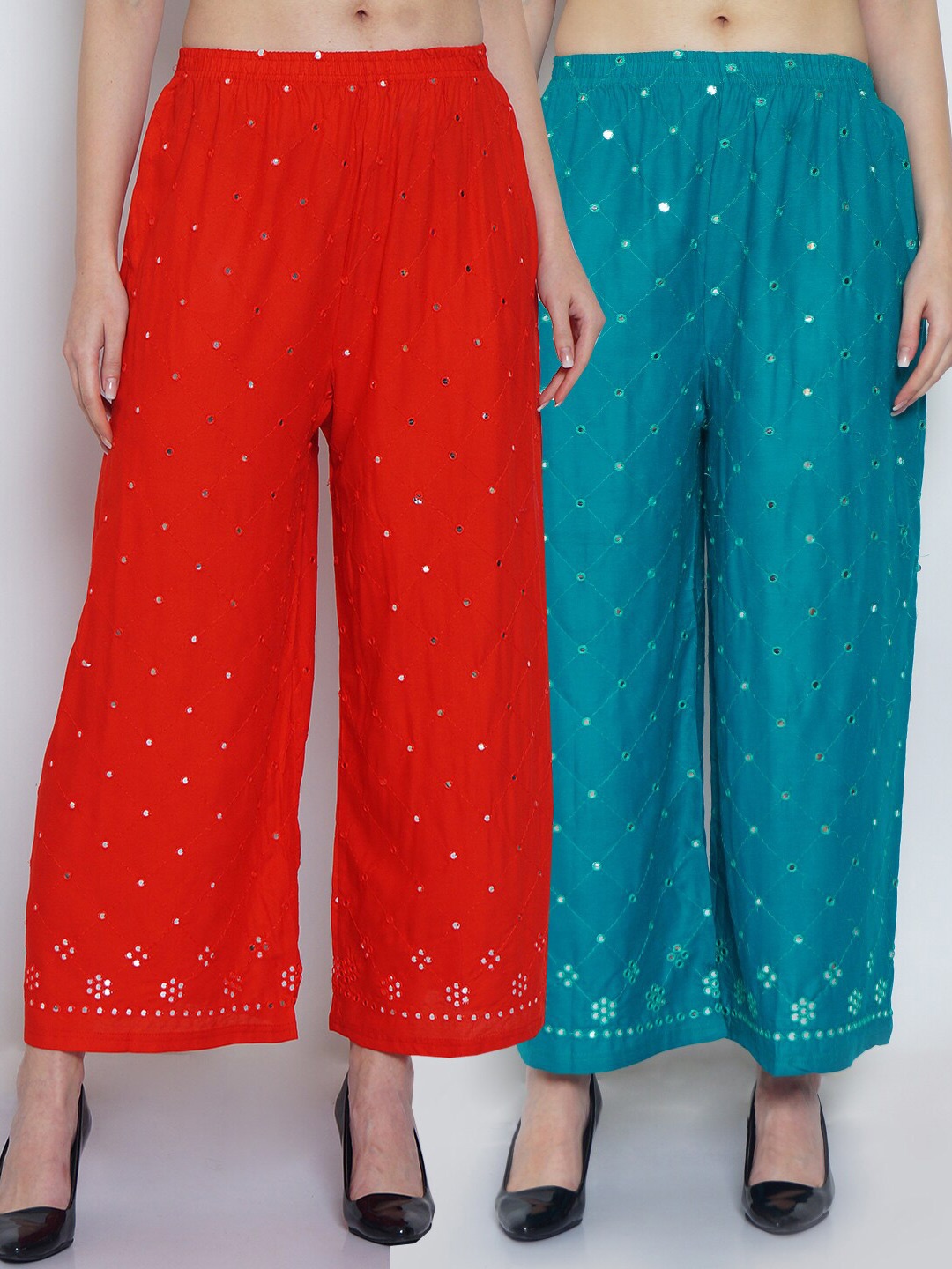 

GRACIT Women Red & Turquoise Blue 2 Embroidered Knitted Ethnic Palazzos