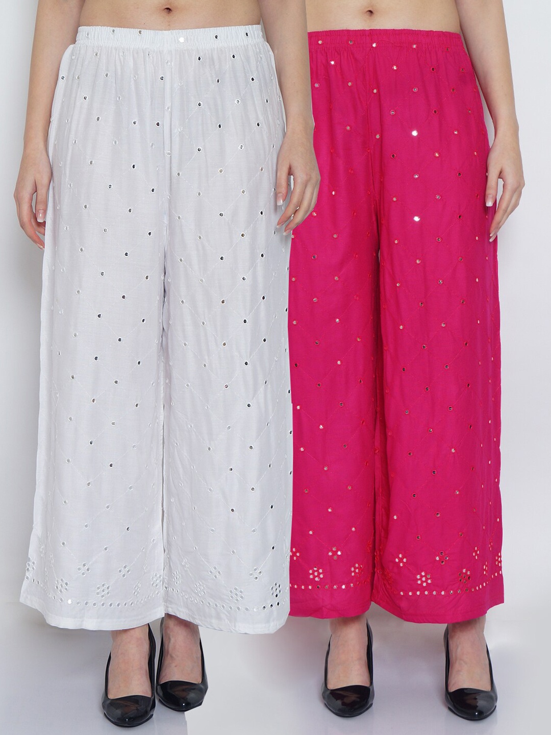 

GRACIT Women White & Magenta 2 Embellished Flared Knitted Ethnic Palazzos
