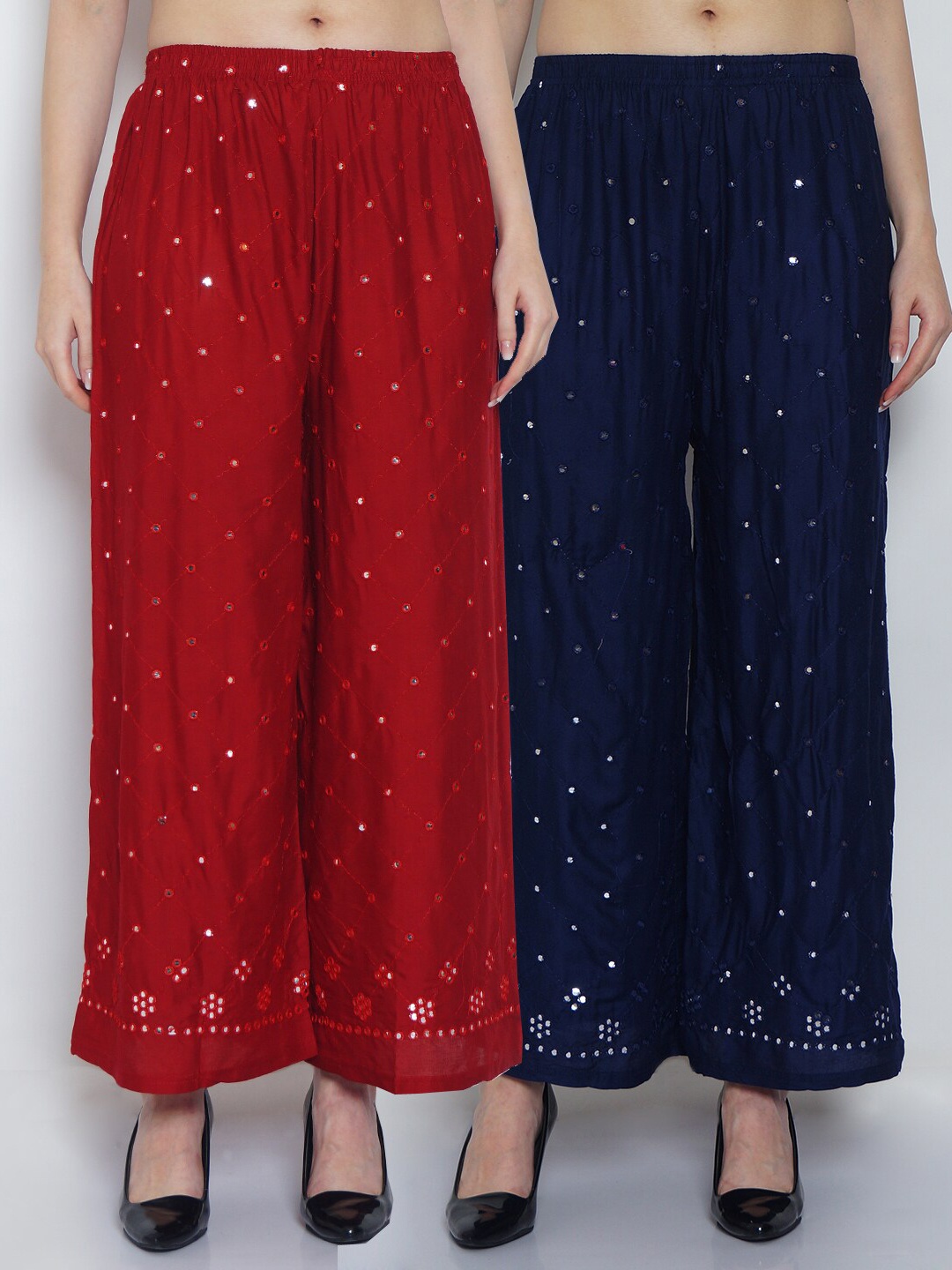 

GRACIT Women Maroon & Navy Blue 2 Embroidered Knitted Ethnic Palazzos