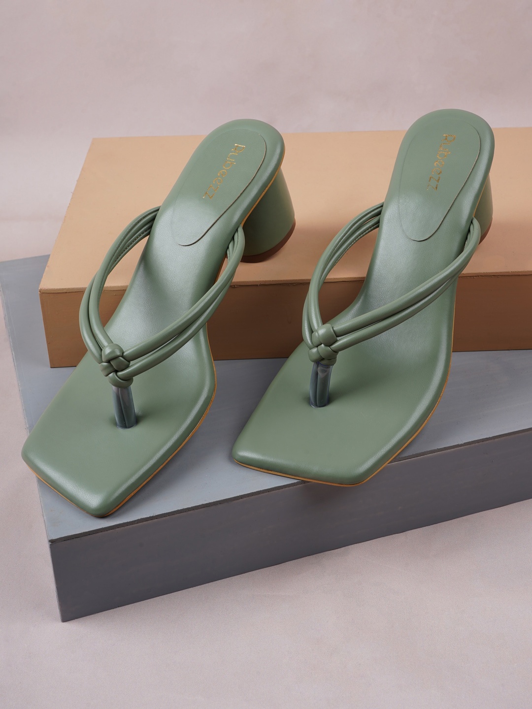

Rubeezz Green Solid Block Heeled Sandals