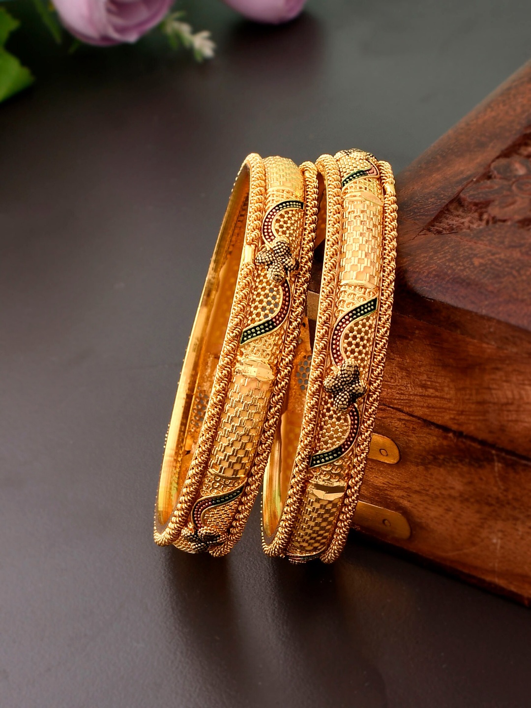 

Silvermerc Designs Set of 2 Gold Plated Red & Green Enamelled Handcrafted Bangles