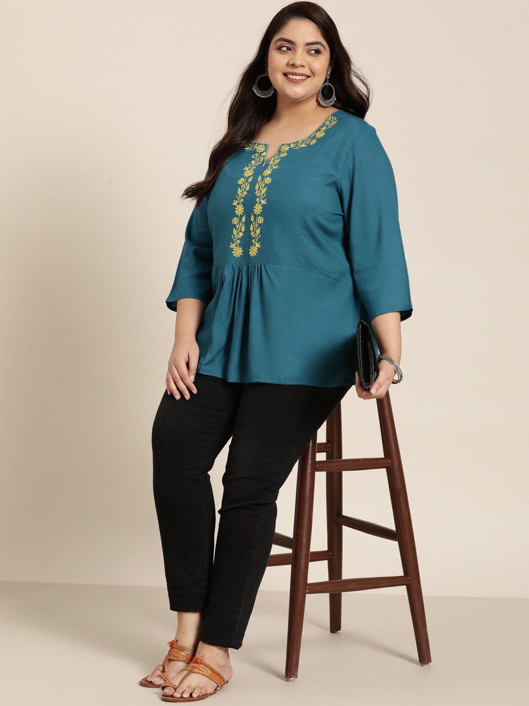 

Sztori Plus Size Women Teal Blue & Yellow Floral Embroidered A-Line Kurti