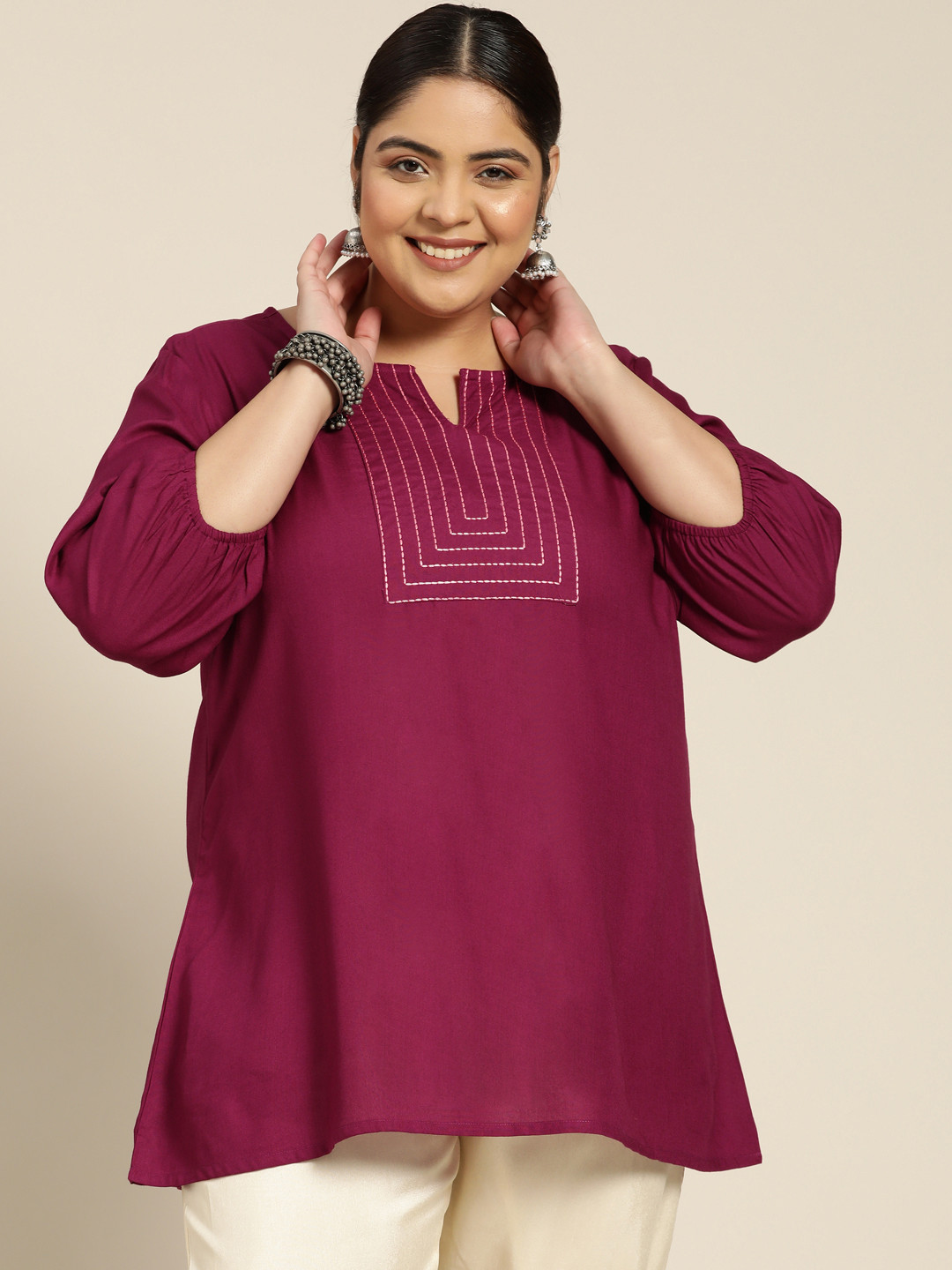 

Sztori Plus Size Women Magenta Yoke Design Thread Work Kurti