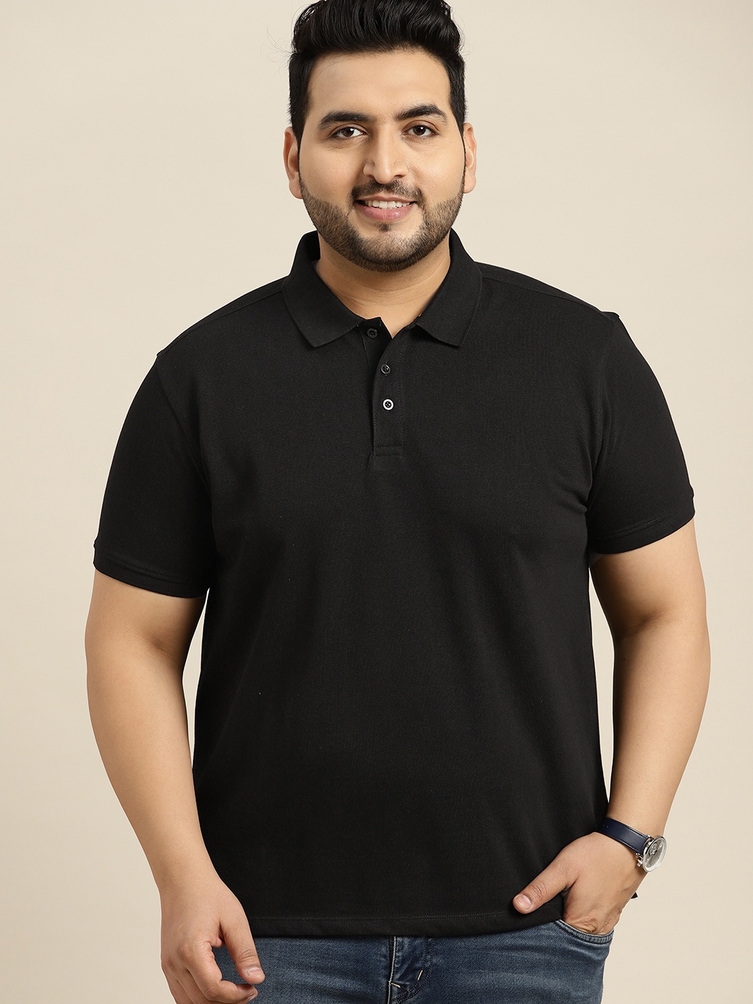 

Sztori Men Plus Size Black Polo Collar T-shirt