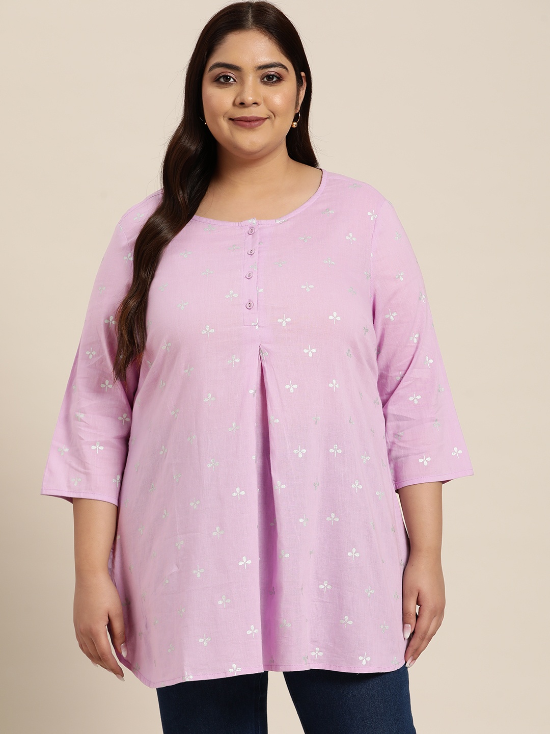 

Sztori Women Plus Size Lavender Floral Print Pure Cotton Pleated Kurti