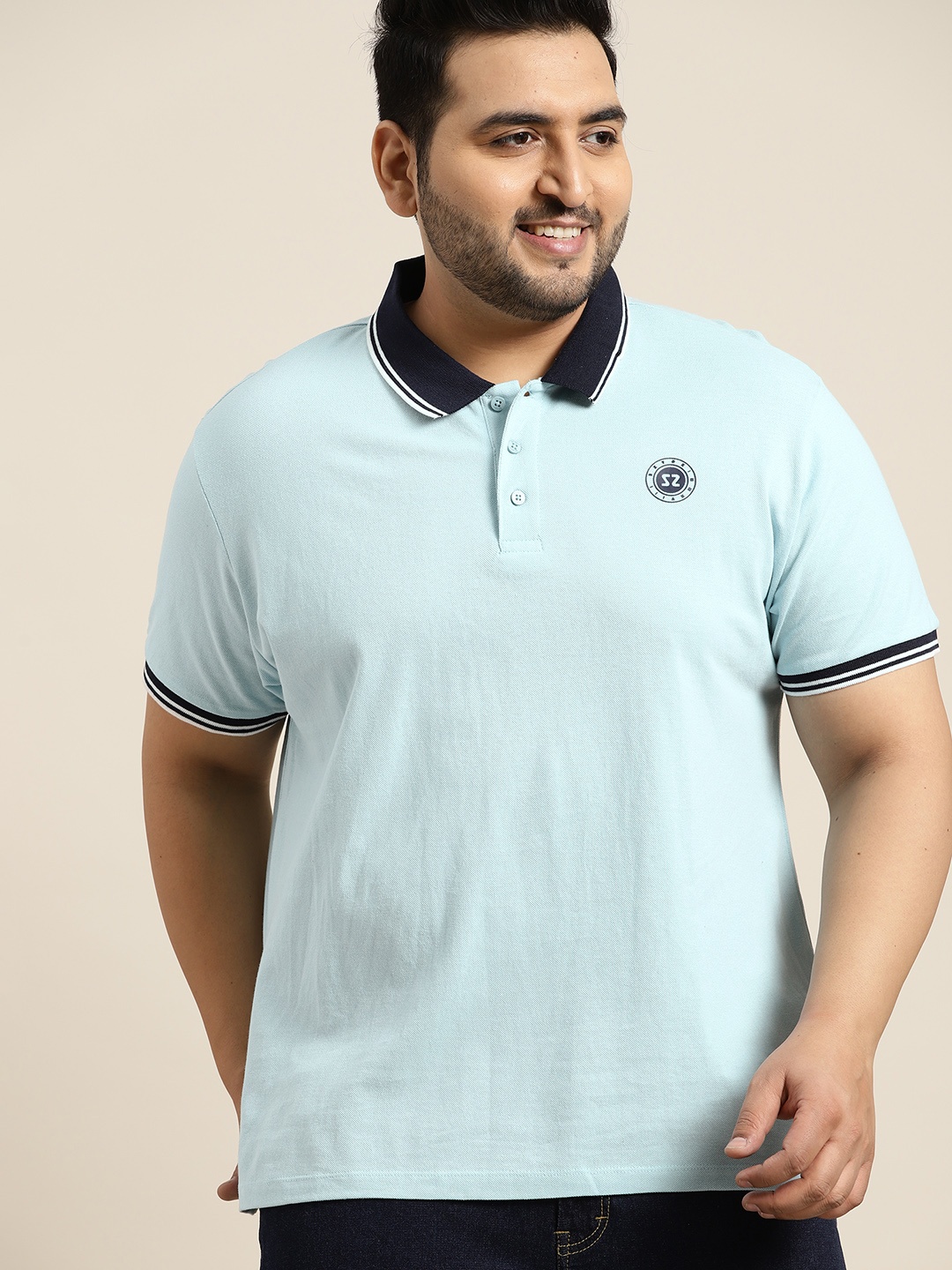 

Sztori Men Plus Size Blue Solid Polo Collar Pure Cotton T-shirt