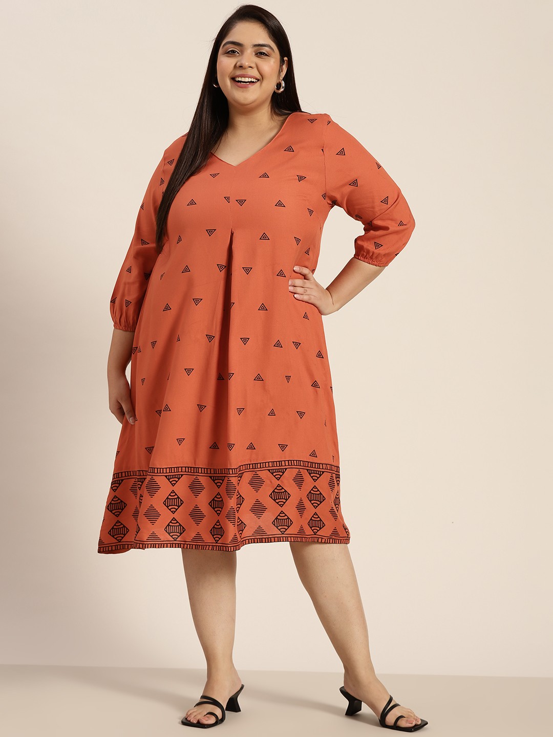 

Sztori Plus Size Rust Orange & Black Geometric Print Pleated A-Line Midi Dress