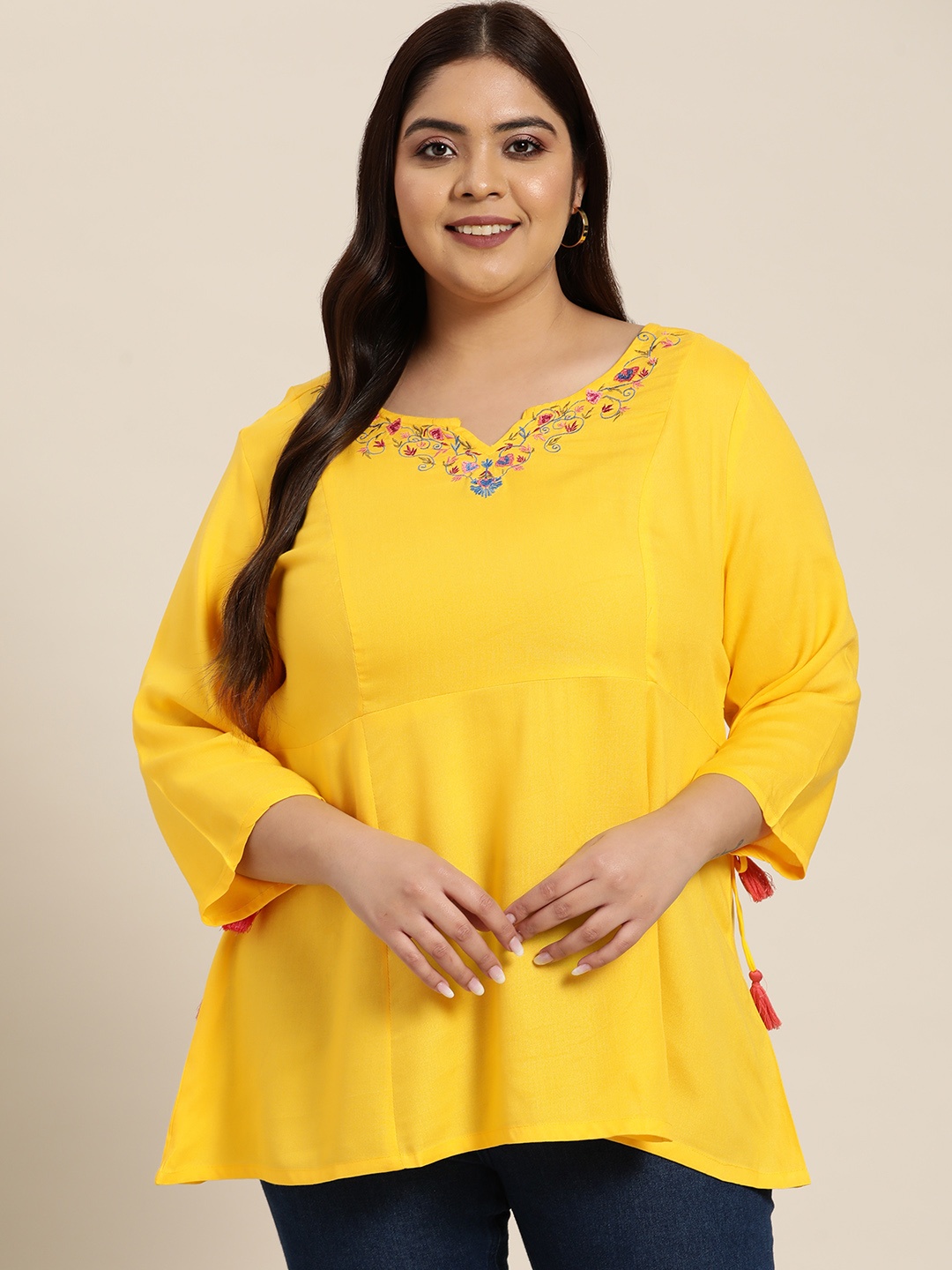 

Sztori Women Plus Size Mustard Yellow Thread Work Kurti