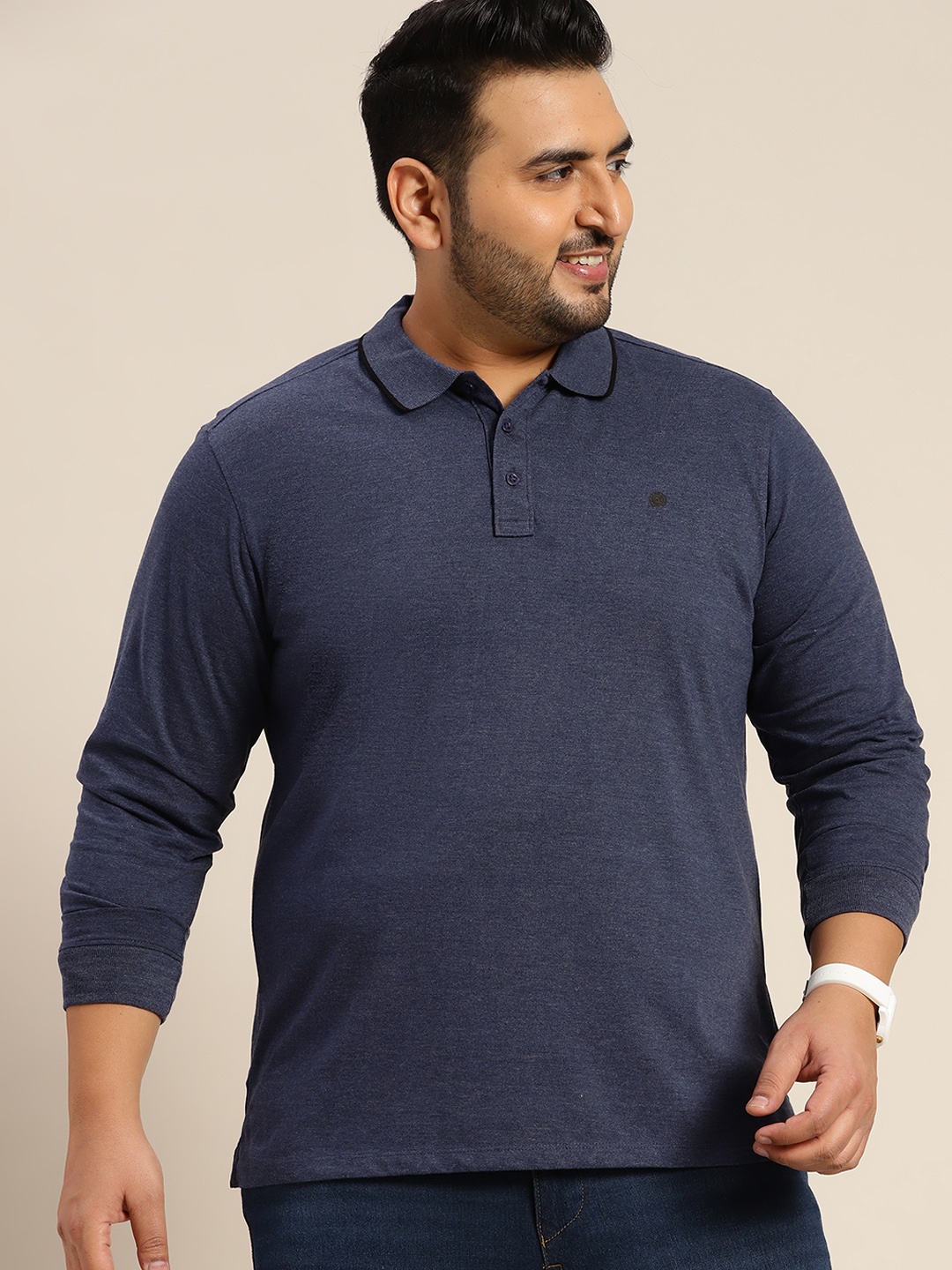 

Sztori Men Plus Size Navy Blue Melange Effect Polo Collar T-shirt