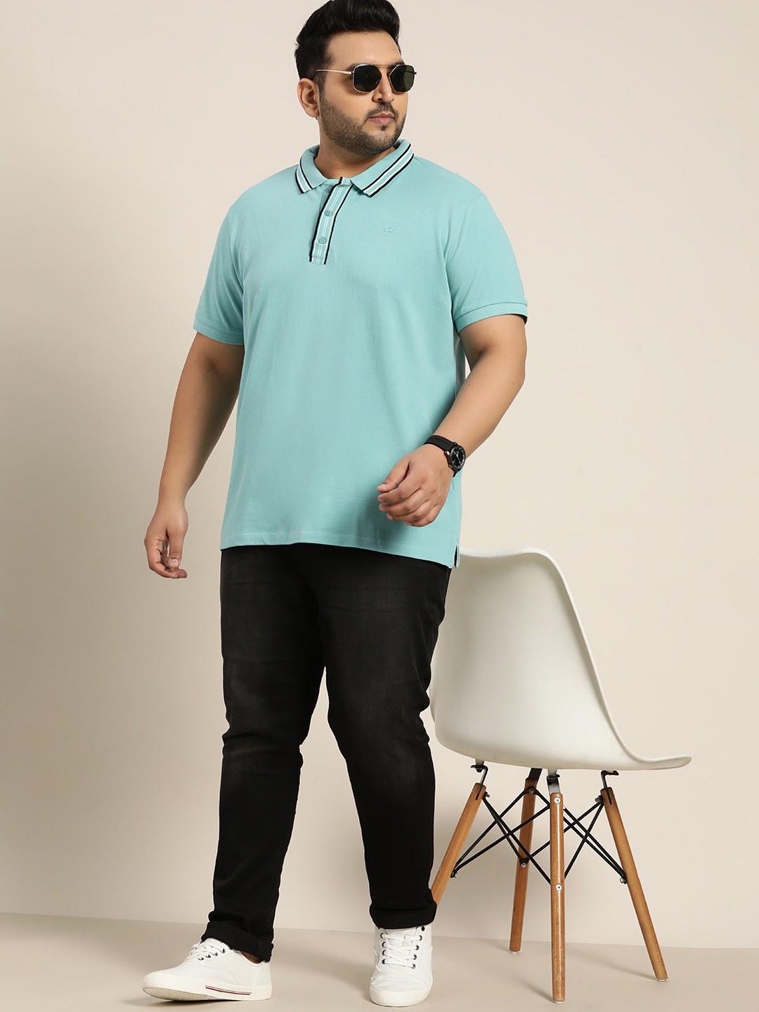 

Sztori Men Plus Size Turquoise Blue Pure Cotton Polo Collar T-shirt