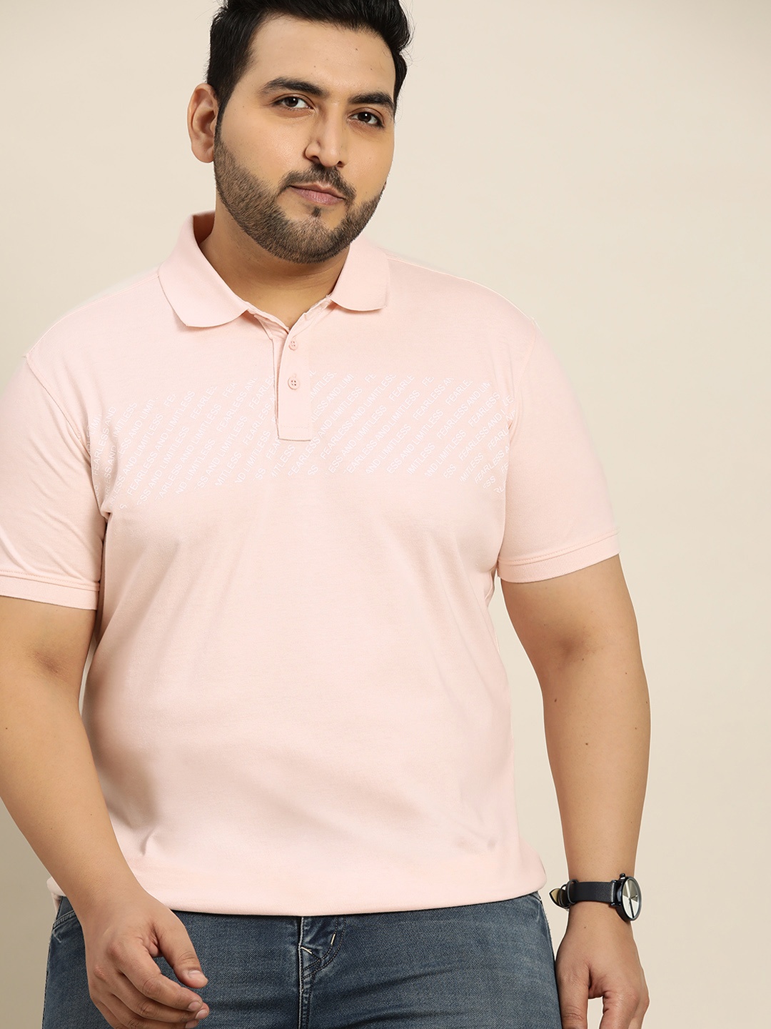 

Sztori Men Plus Size Peach-Coloured Typography Printed Polo Collar T-shirt