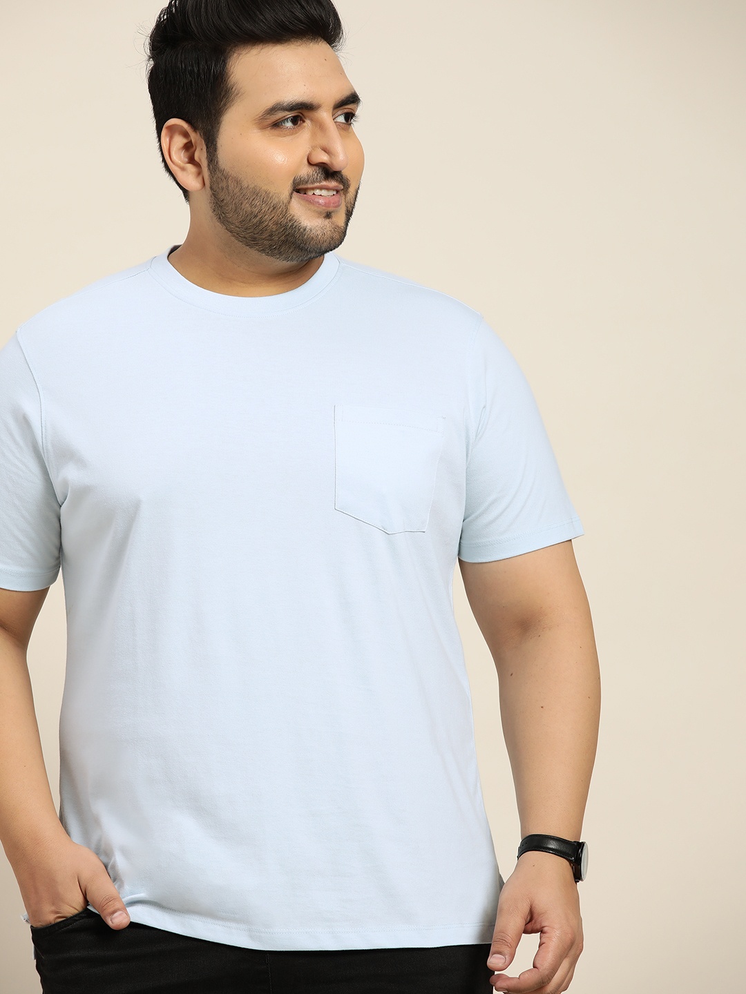 

Sztori Men Plus Size Blue Solid Knitted T-shirt