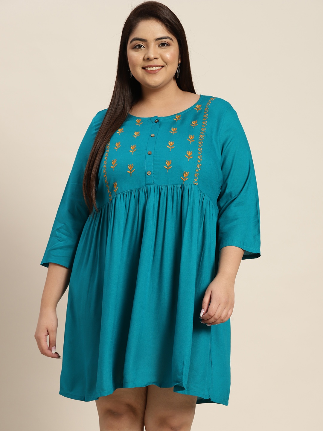 

Sztori Plus Size Turquoise Blue Ethnic Motifs Embroidered A-Line Dress