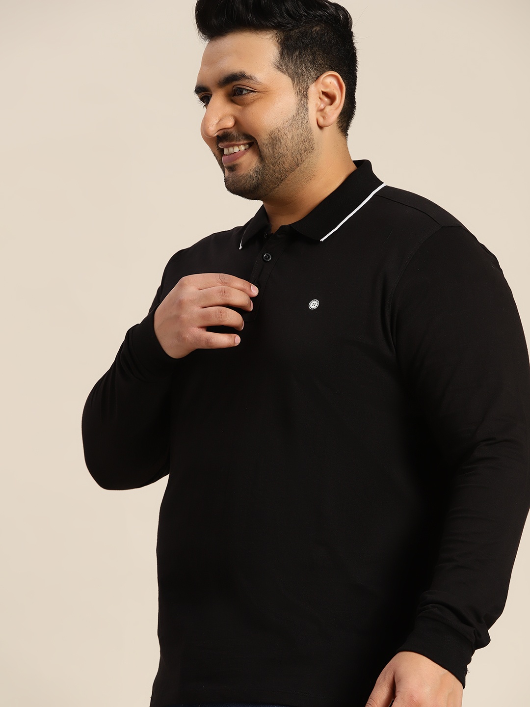 Sztori Men Plus Size Black Solid Polo Collar T-shirt