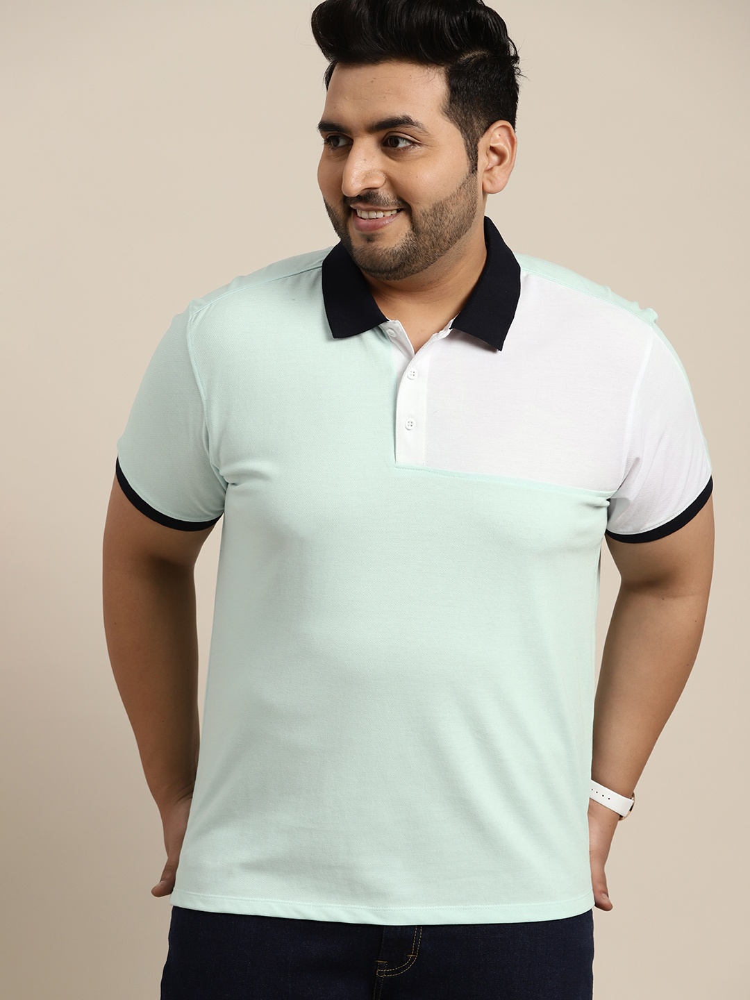 

Sztori Men Plus Size Men Green & White Pure Cotton Colourblocked Polo Collar T-shirt