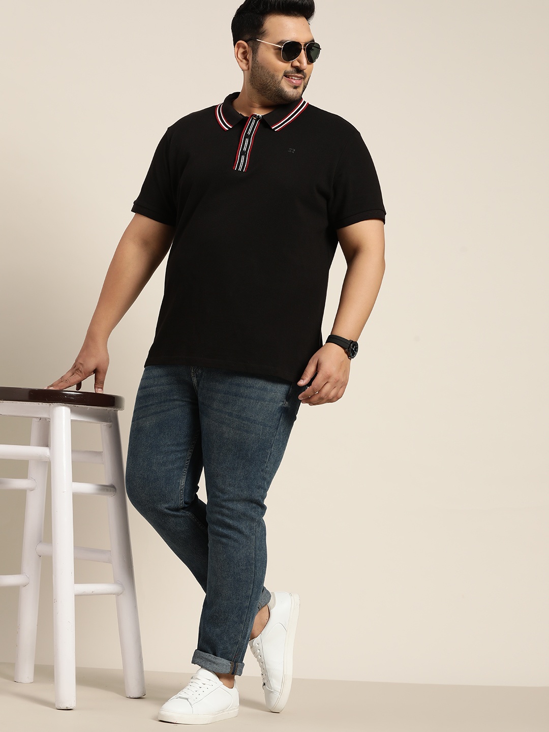 

Sztori Men Plus Size Black Polo Collar Pure Cotton T-shirt