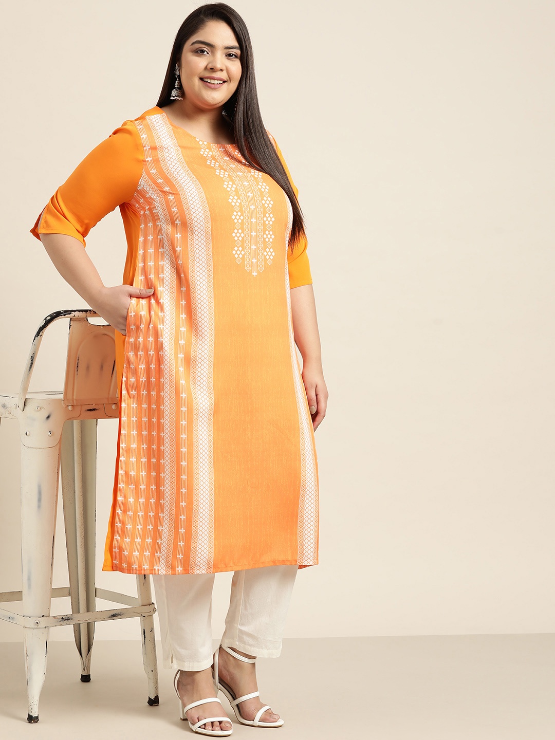 

Sztori Women Plus Size Orange & White Geometric Printed Straight Kurta