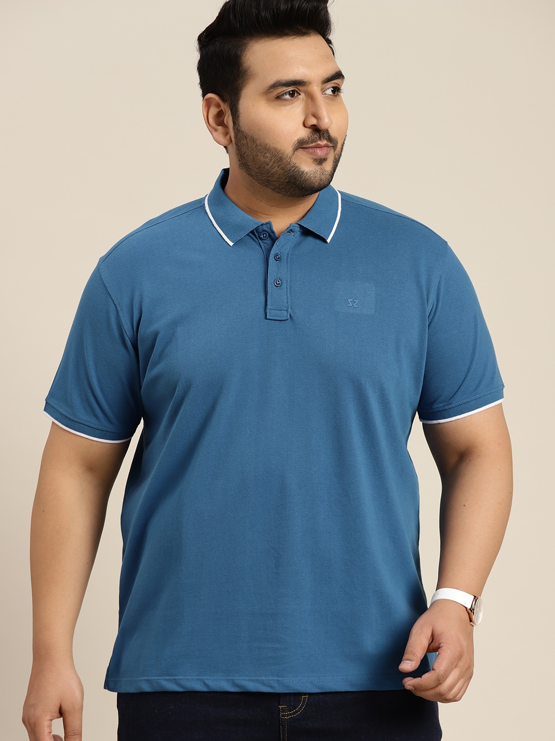 

Sztori Men Plus Size Blue Polo Collar Pure Cotton T-shirt