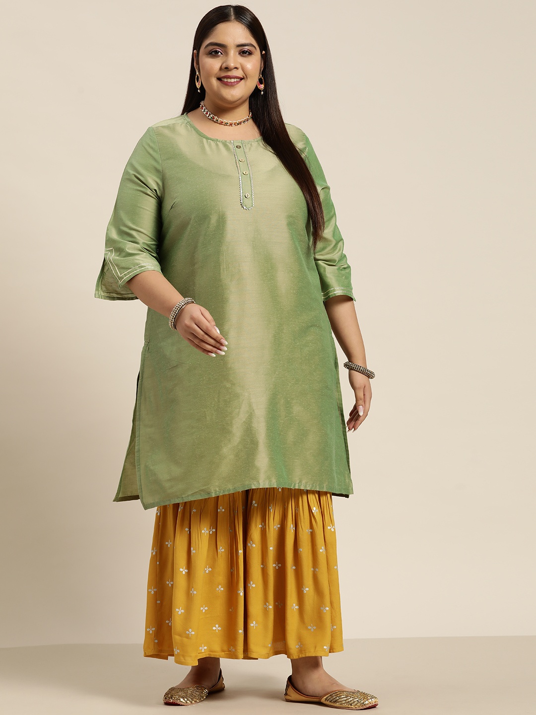 

Sztori Women Plus Size Sage Green & Mustard Yellow Gotta Patti Kurta with Sharara