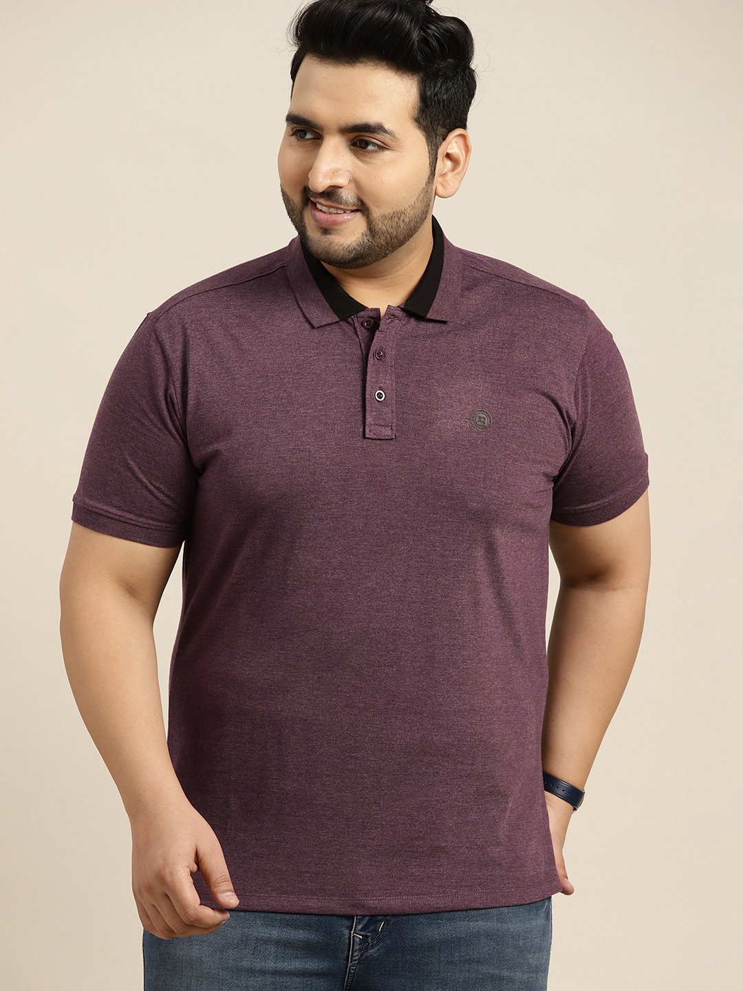 

Sztori Men Plus Size Purple Solid Melange Effect Polo Collar T-shirt