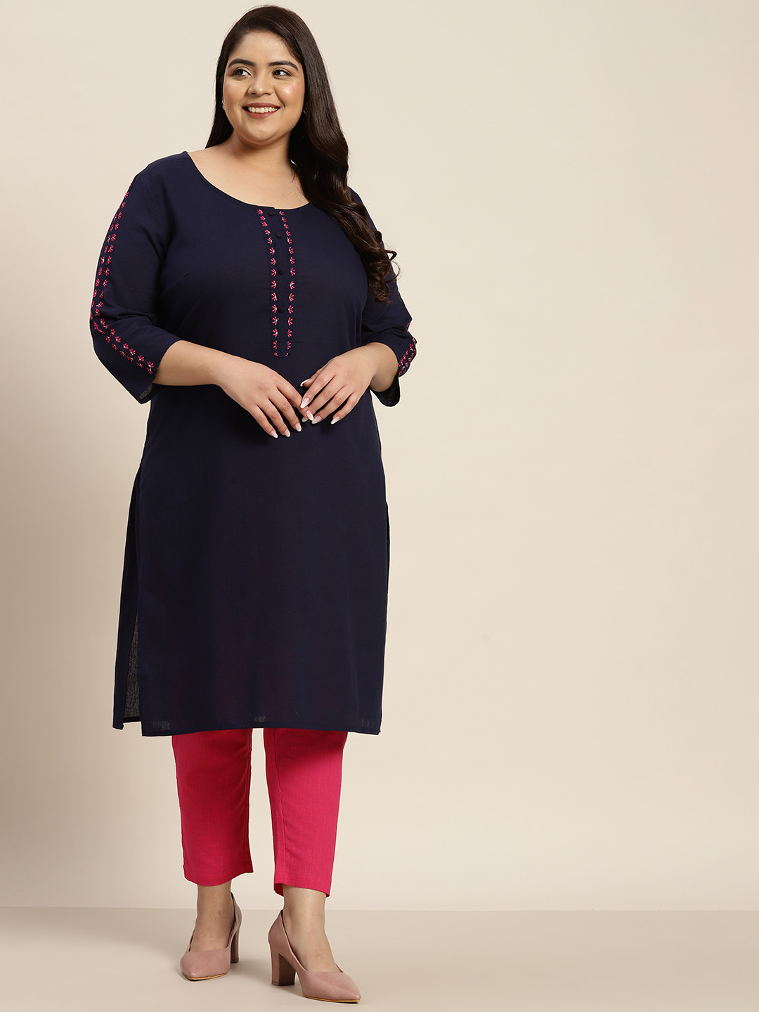 

Sztori Women Plus Size Navy Blue Pure Cotton Straight Kurta with Dori Work Embroidery