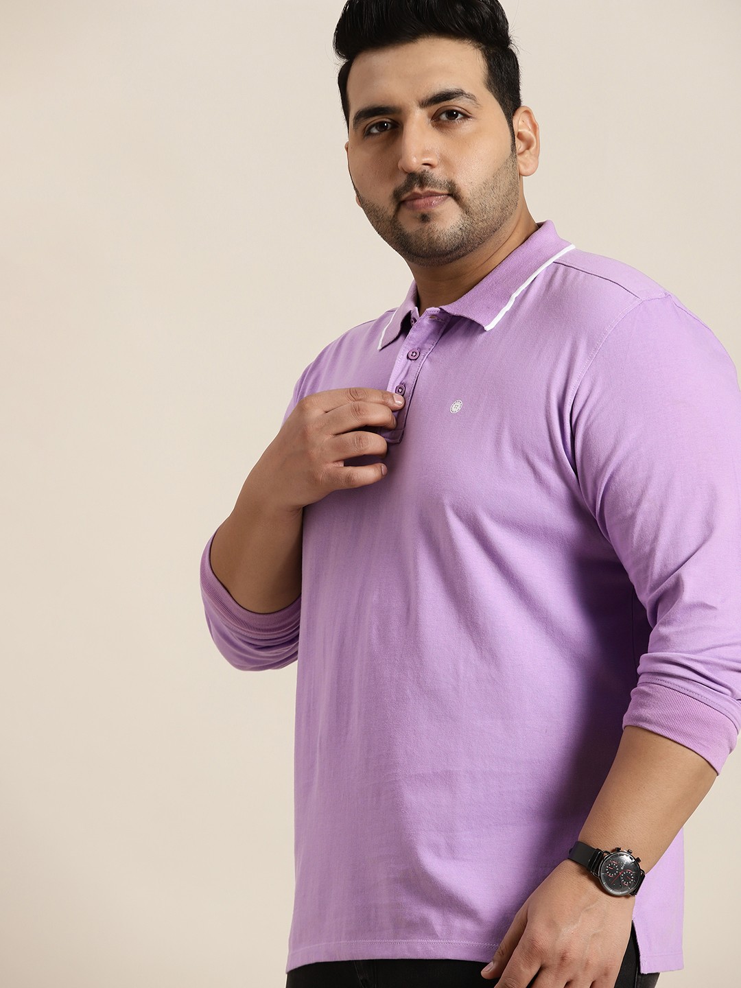 

Sztori Men Plus Size Lavender Solid Polo Collar Pure Cotton T-shirt