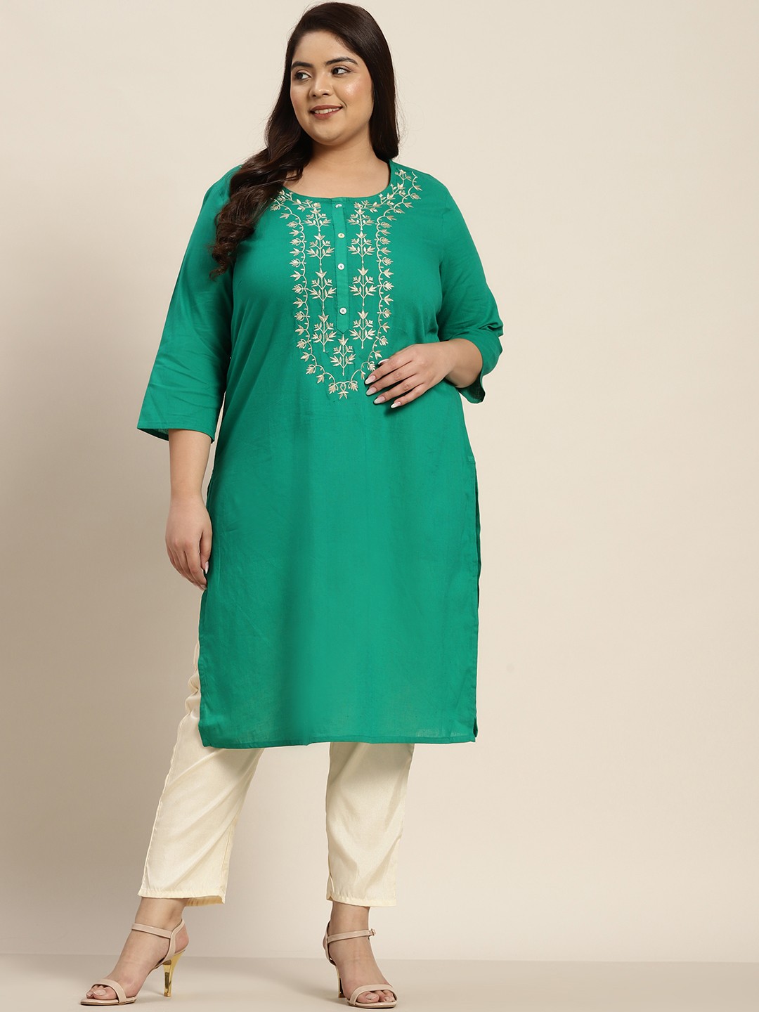 

Sztori Women Plus Size Green & Off-White Embroidered Yoke Design Straight Kurta
