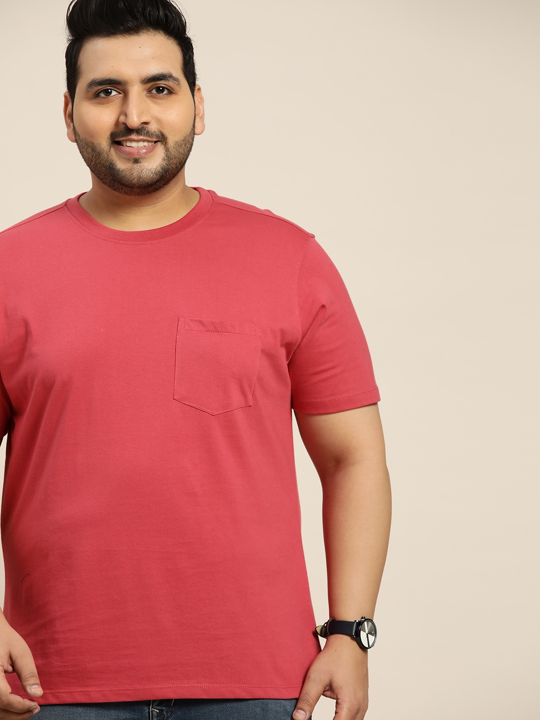 

Sztori Men Plus Size Pink Solid Knitted T-shirt