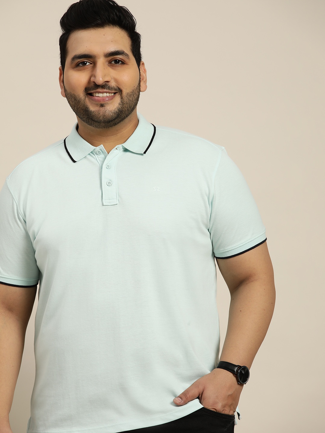 

Sztori Men Plus Size Sea Green Solid Polo Collar T-shirt