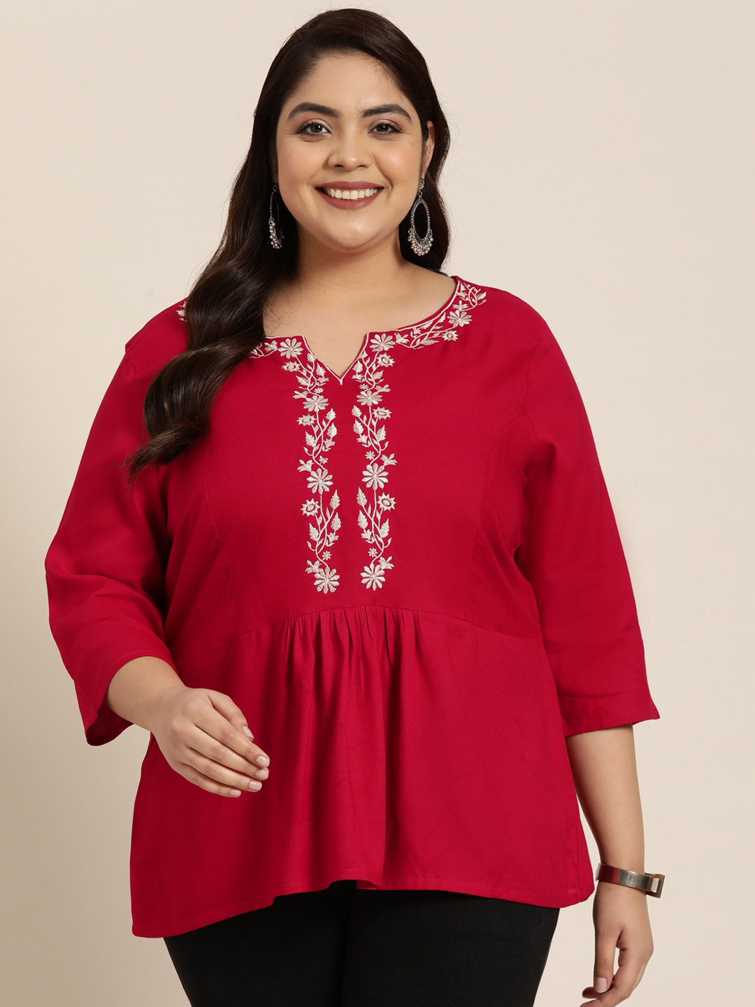 

Sztori Plus Size Women Red & Off-White Floral Embroidered A-Line Kurti