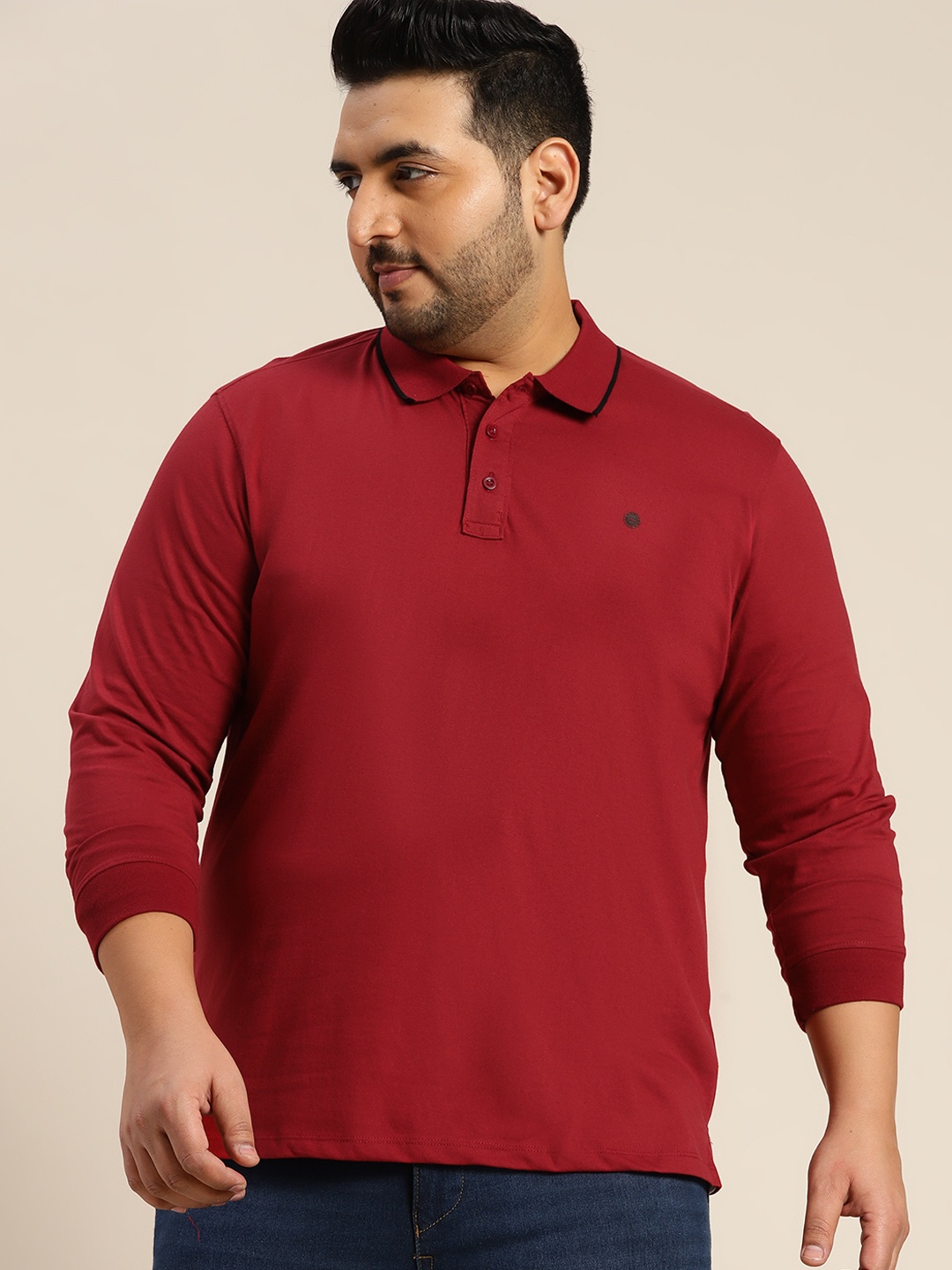 

Sztori Men Plus Size Red Solid Polo Collar T-shirt