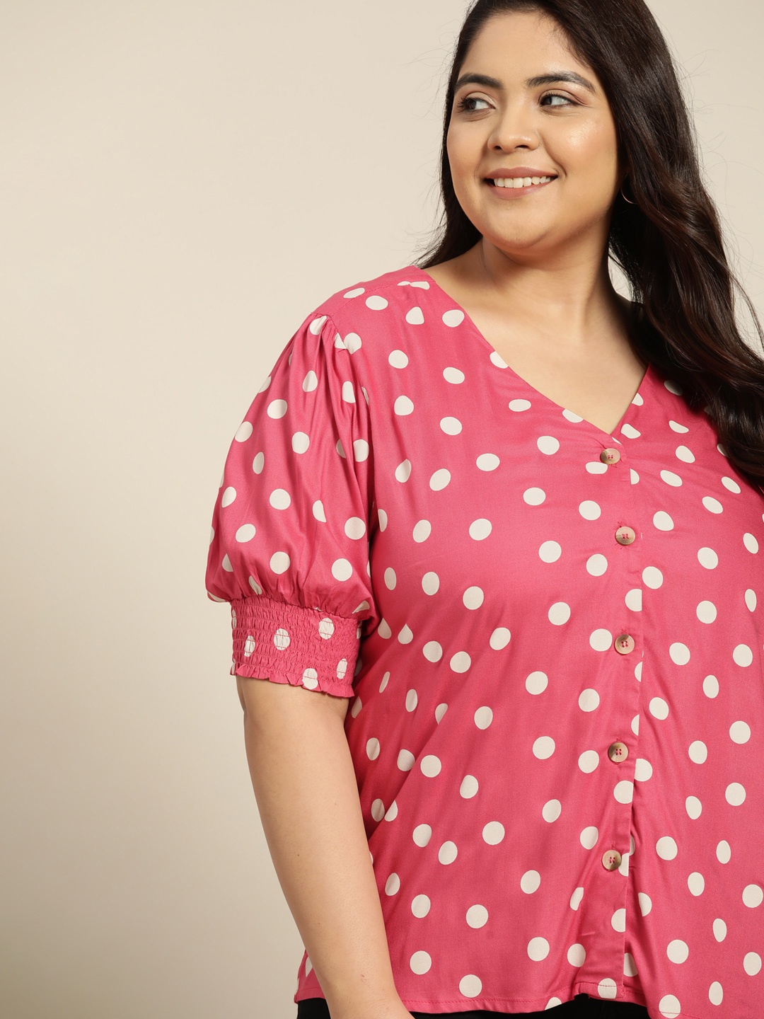 

Sztori Pink & Cream-Coloured Polka Dots Print Top