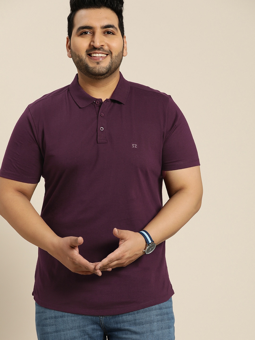 

Sztori Plus Size Men Aubergine Solid Polo Collar T-shirt, Purple