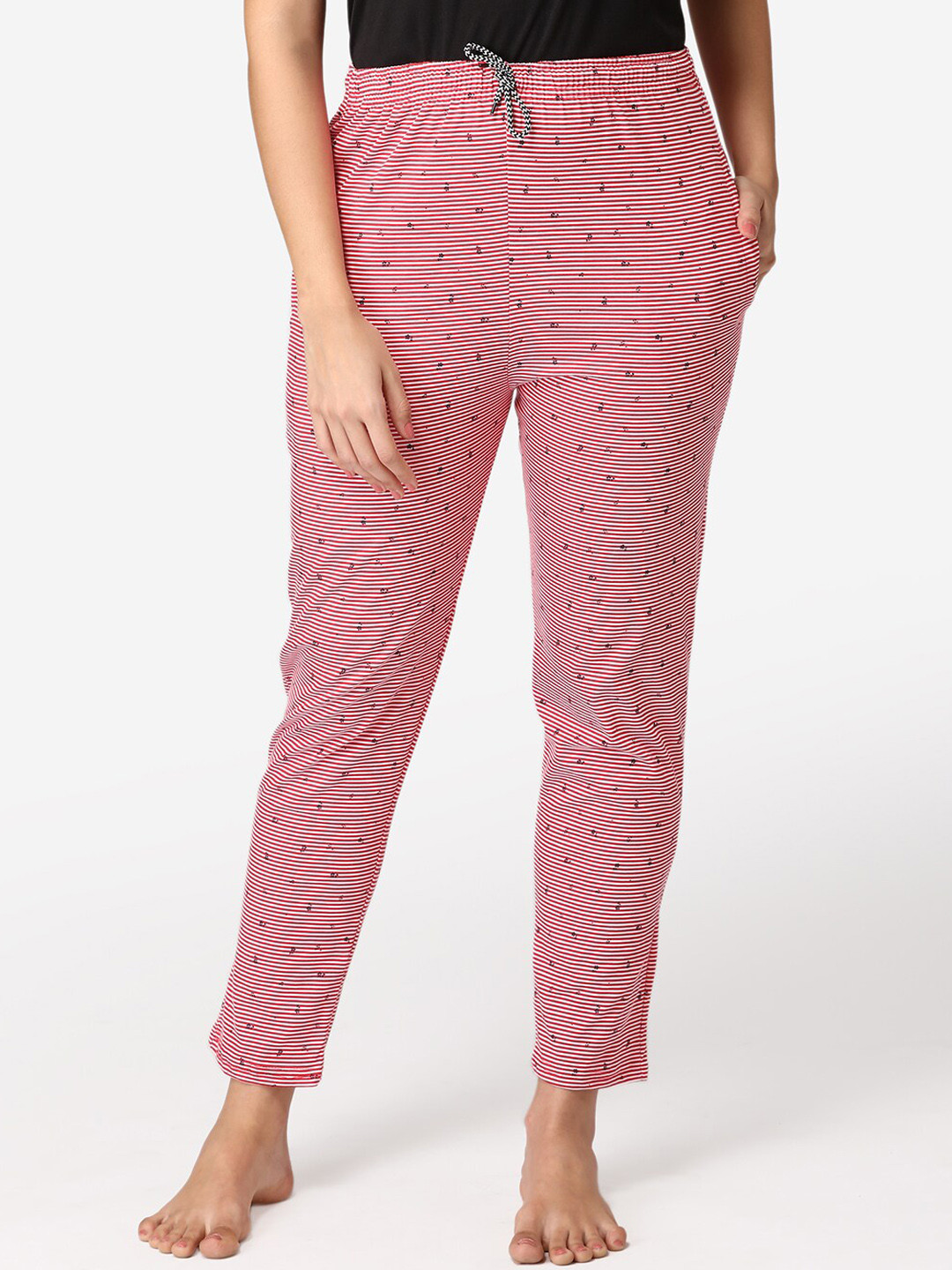 

ABELINO Women Red & Black Striped Pure Cotton Lounge Pant