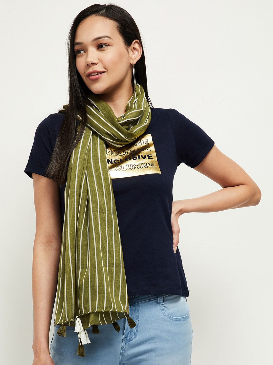 

max Women Green & White Striped Scarf