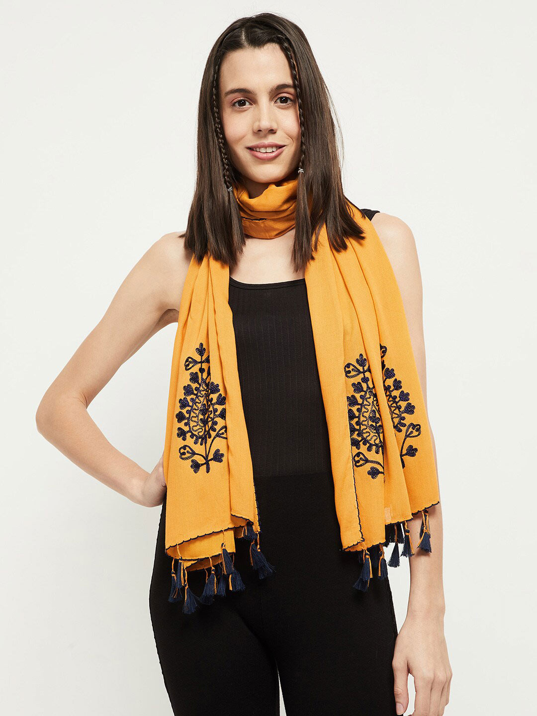 

max Women Mustard & Navy Blue Embroidered Scarf