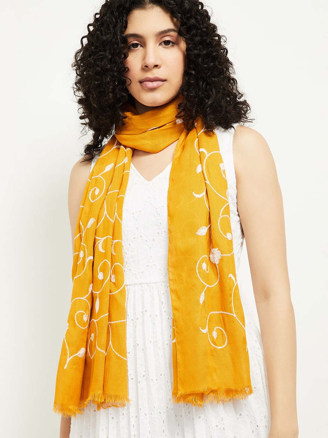 

max Women Mustard Yellow & White Embroidered Scarf