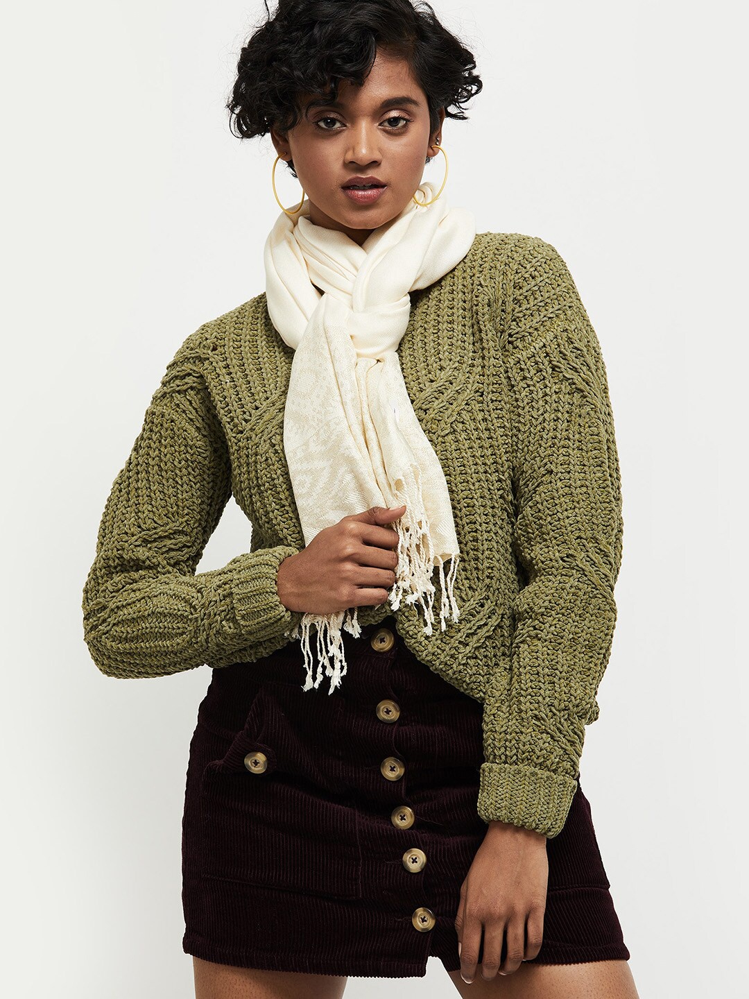 

max Women Off White Self Design Scarf