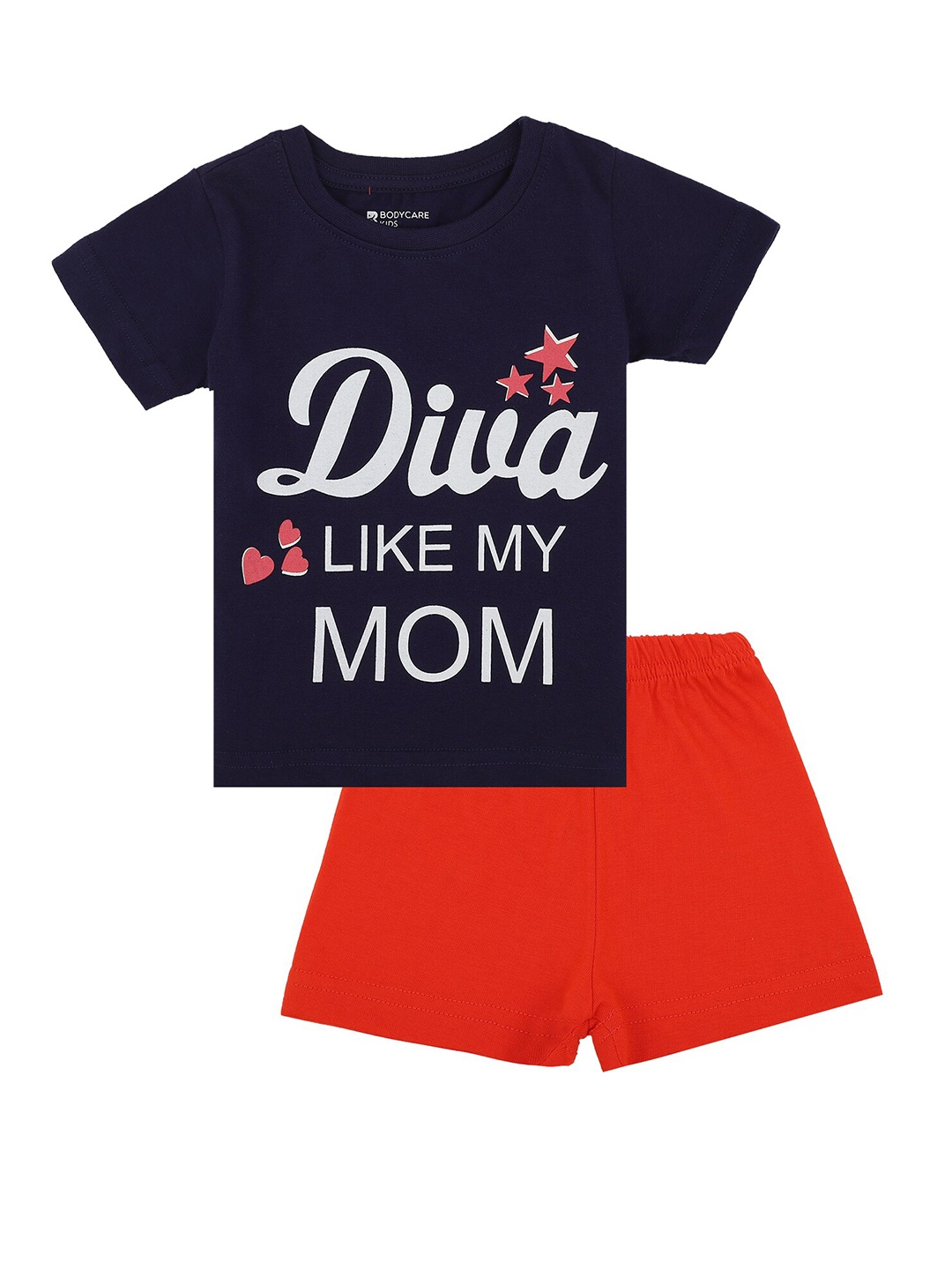 

Bodycare Kids Girls Red & Blue Printed Short Sleeves Pure Cotton Co-Ords Set