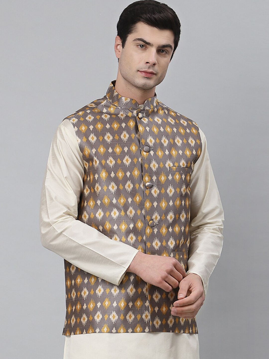 

NEUDIS Men Grey Printed Nehru Jacket