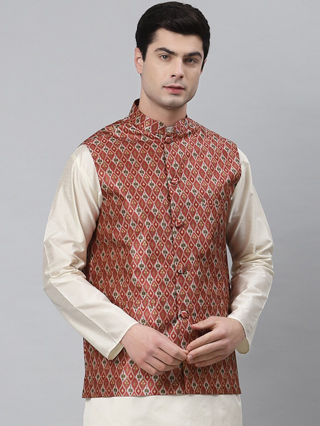 

NEUDIS Men Maroon & White Printed Nehru Jacket