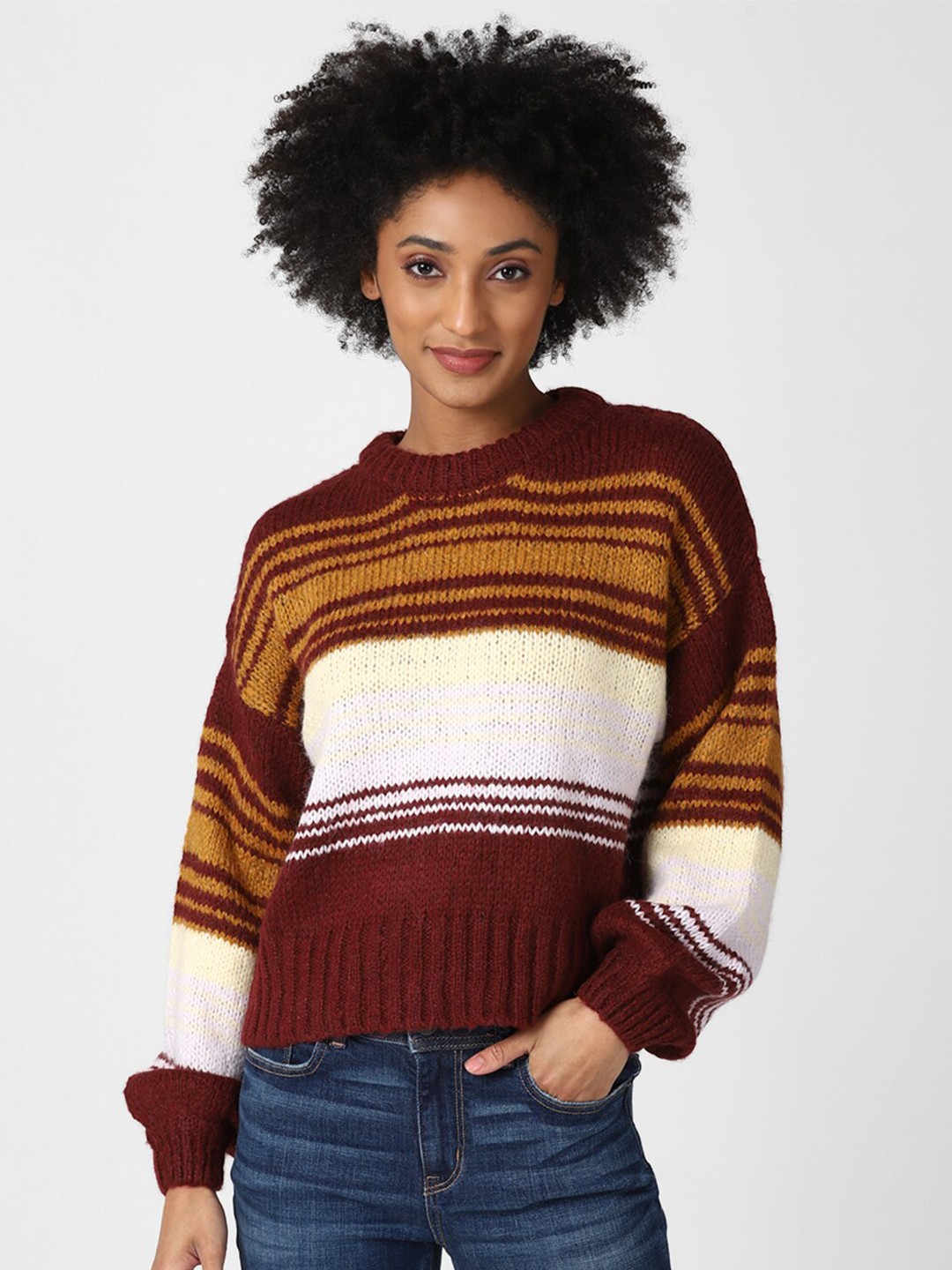 

FOREVER 21 Women Maroon & White Striped Pullover Sweater