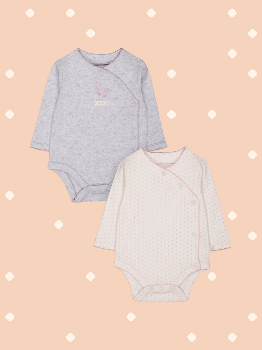 

mothercare Infant Girls Pink & Grey Melange Pack Of 2 Printed Pure Cotton Wrap Bodysuits