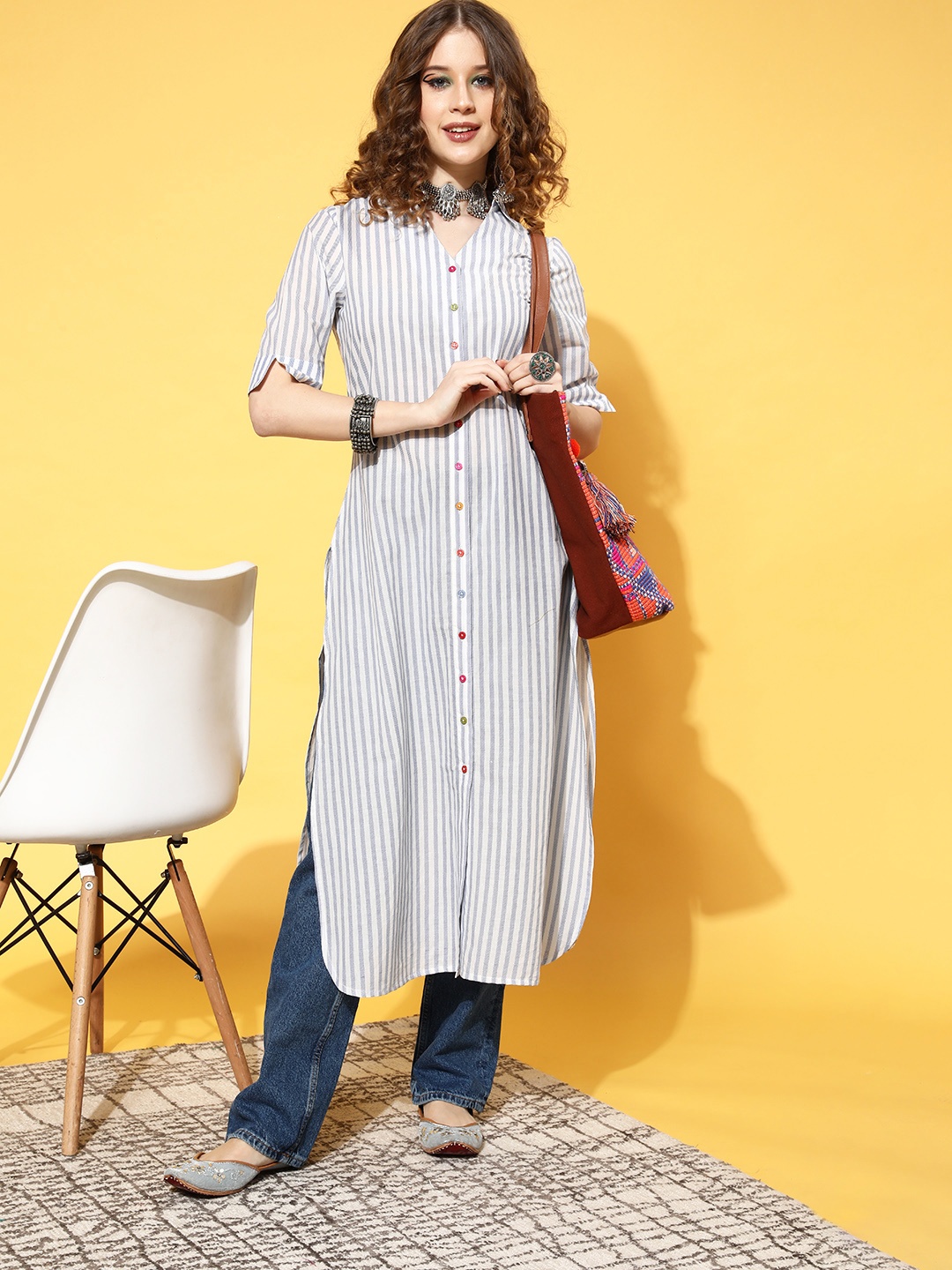 

HERE&NOW Women White & Blue Striped Pure Cotton Kurta