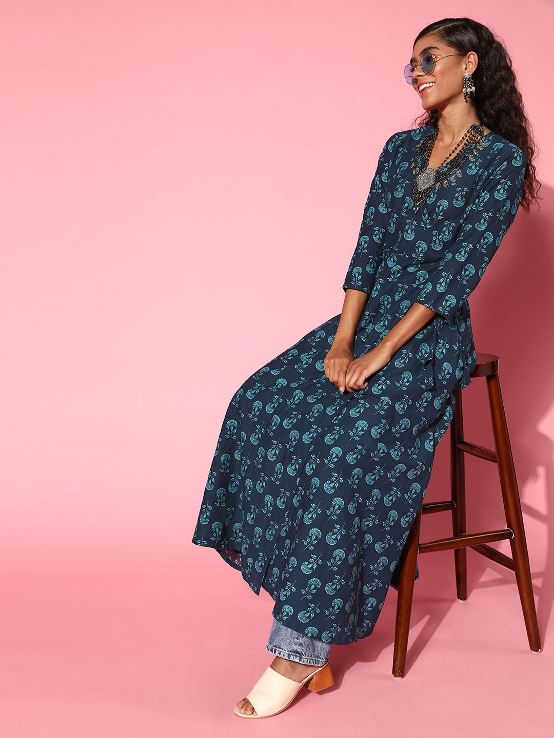 

HERE&NOW Women Navy Blue Pure Cotton Angrakha Ethnic Motifs Printed Kurta