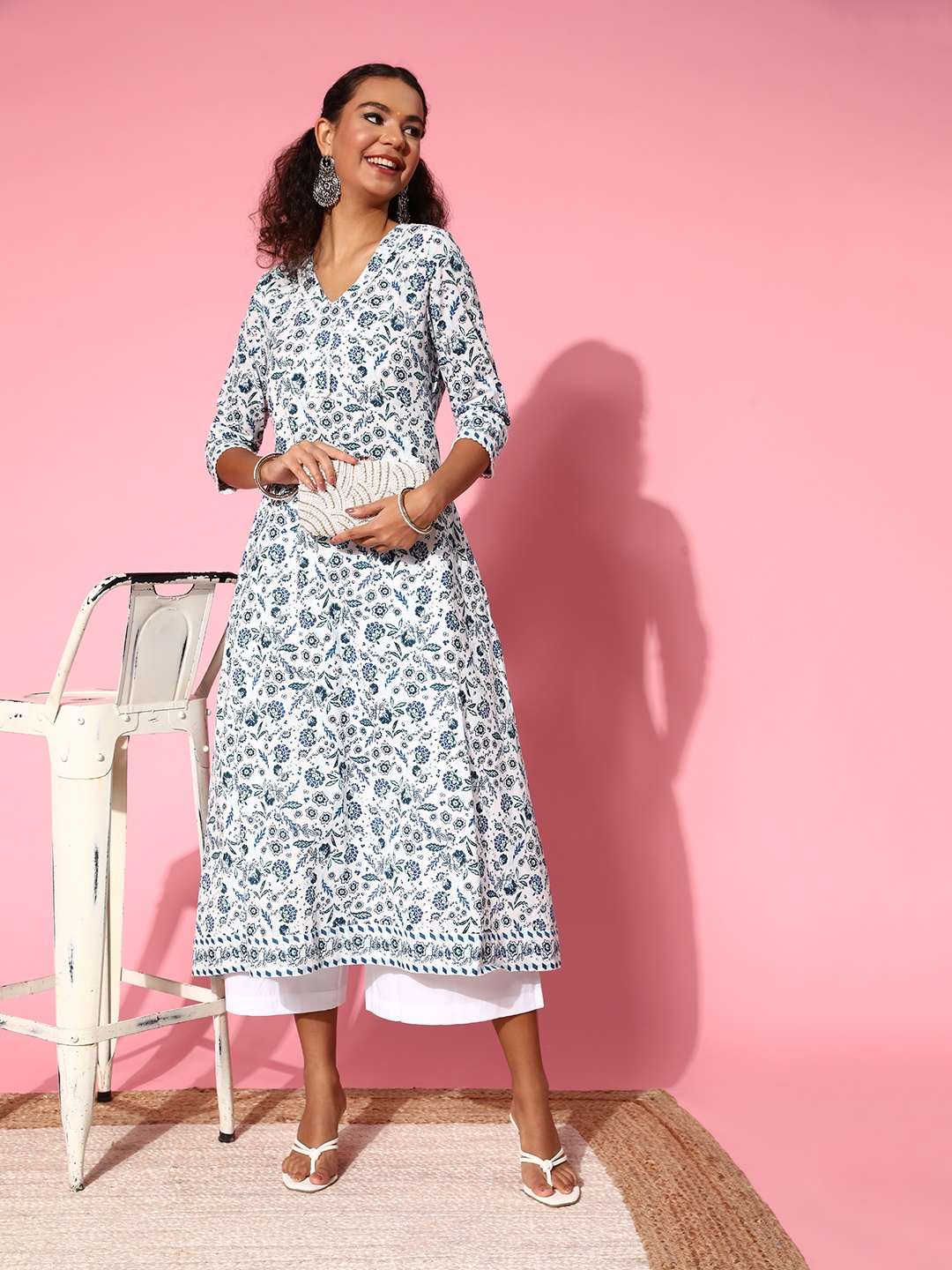 

HERE&NOW Women White & Blue Pure Cotton Ethnic Motifs Printed A-Line Kurta