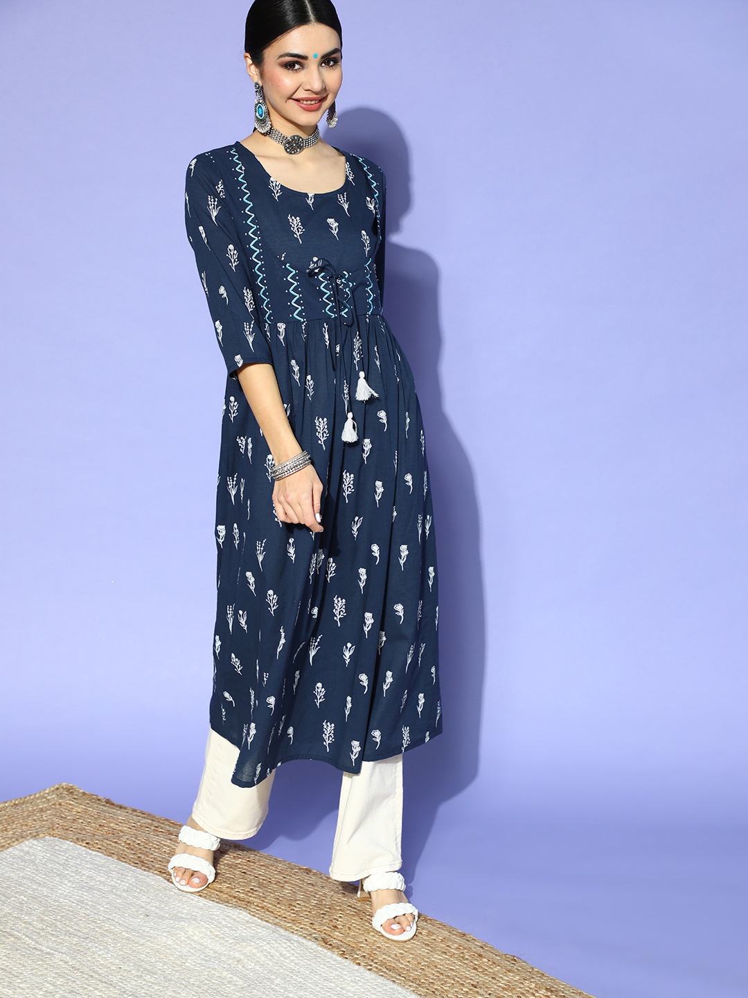 

HERE&NOW Deep Navy Blue Cotton Nuovo Sleeves Kurta