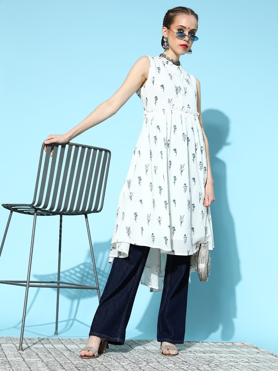 

HERE&NOW Women Off White & Teal Blue Floral Printed Pure Cotton A-Line Kurta