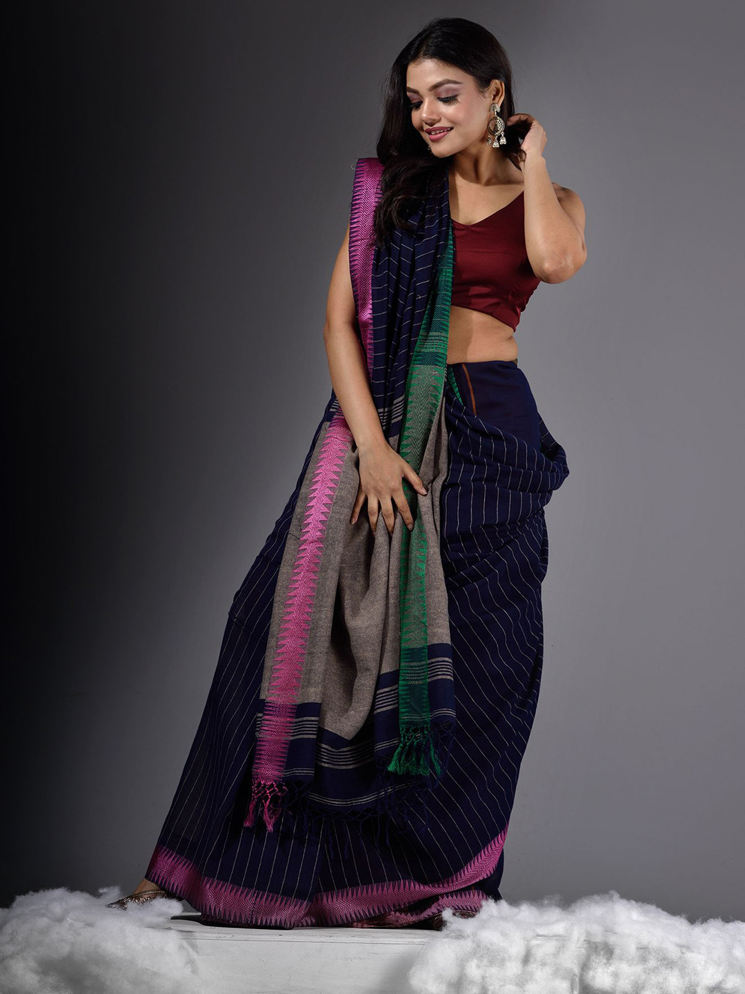 

Charukriti Blue & Pink Woven Design Pure Cotton Khadi Saree